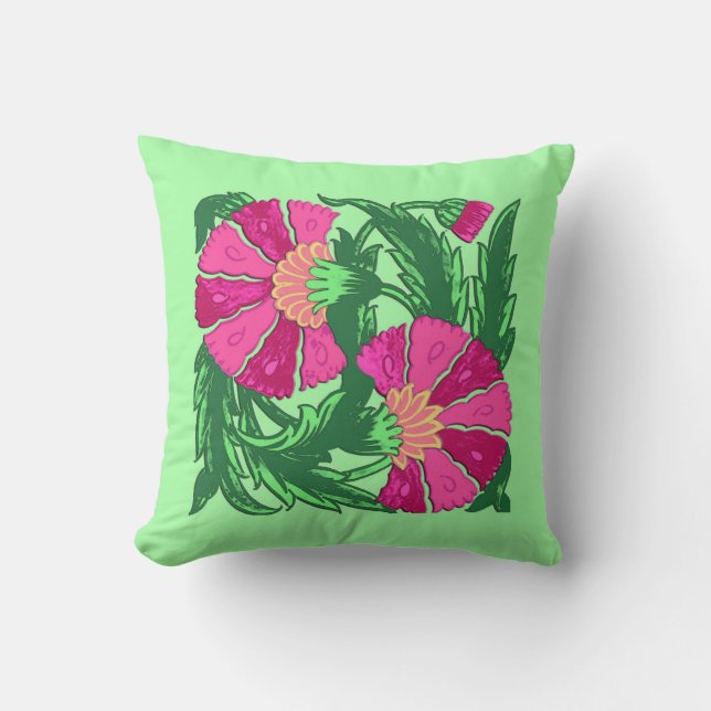 William Morris Jacobean, Fuchsia Pink and Green Cushion (Front)