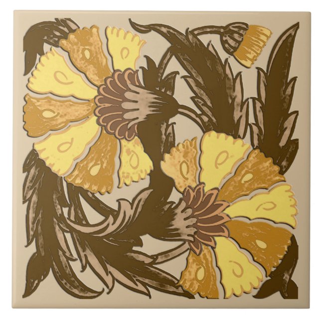 William Morris Jacobean, Mustard Gold and Brown Ceramic Tile (Front)