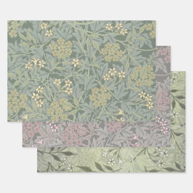 William Morris Jasmine Blue Green Botanical Art Wrapping Paper Sheet (Set)