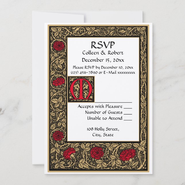 William Morris Kelmscott Press Floral Rose RSVP Invitation (Front)