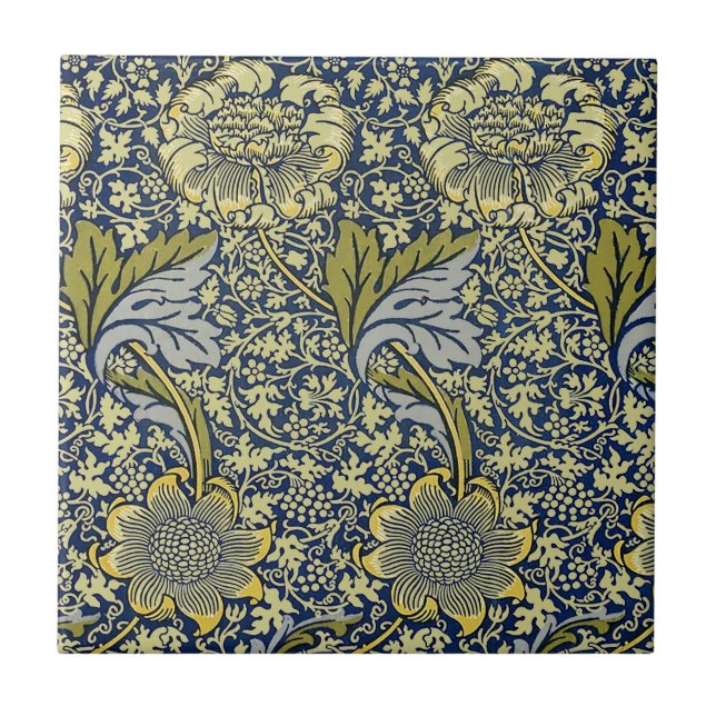 William Morris Kennet Floral Wallpaper Blue Gold Ceramic Tile (Front)