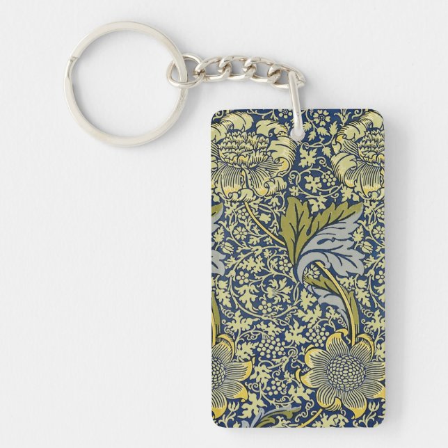 William Morris Kennet Floral Wallpaper Blue Gold Key Ring (Front)