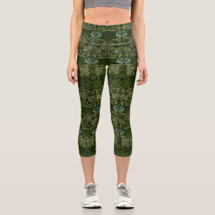 William Morris Large Green Tulip Rose Wallpaper Capri Leggings