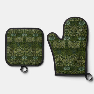 William Morris Large Green Tulip Rose Wallpaper Oven Mitt & Pot Holder Set