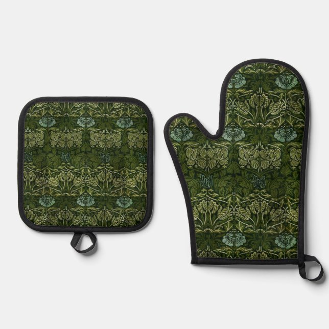 William Morris Large Green Tulip Rose Wallpaper Oven Mitt & Pot Holder Set (Front)