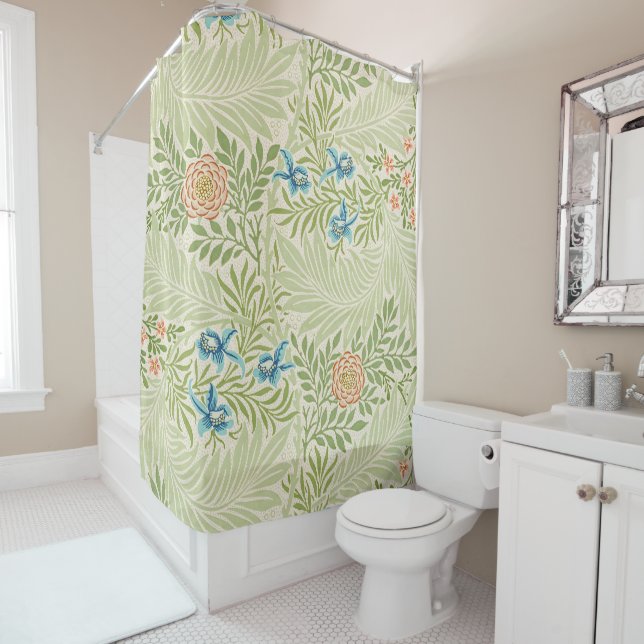 William Morris Larkspur Floral Pattern Shower Curtain (In Situ)