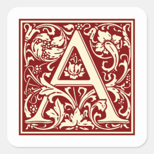 William Morris Letter A Monogram Initial Red Square Sticker