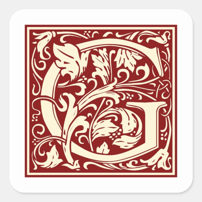 William Morris Letter G Monogram Initial Red Square Sticker (Front)