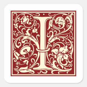 William Morris Letter I Monogram Initial Red Square Sticker