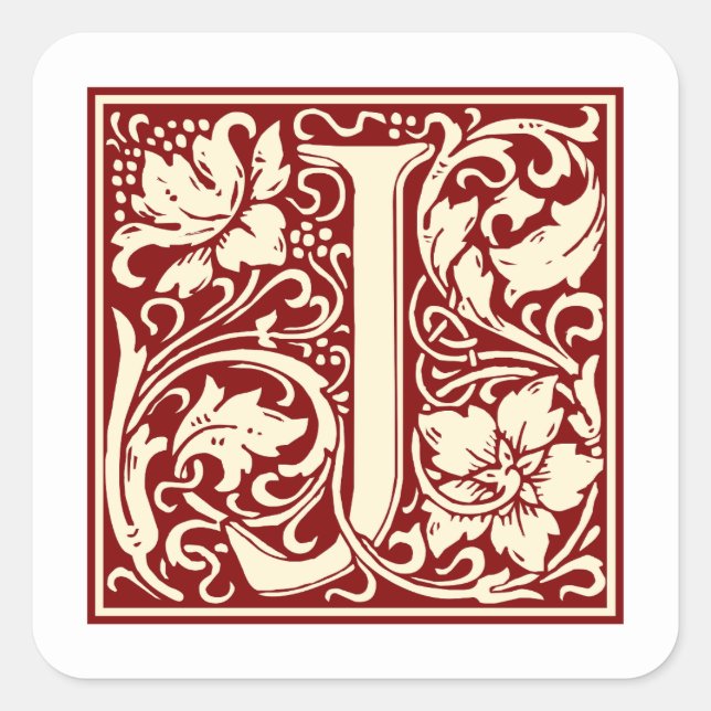 William Morris Letter J Monogram Initial Red Square Sticker (Front)
