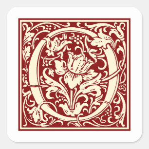 William Morris Letter O Monogram Initial Red Square Sticker