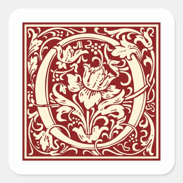 William Morris Letter O Monogram Initial Red Square Sticker (Front)