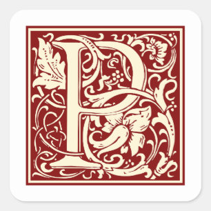 William Morris Letter P Monogram Initial Red Square Sticker