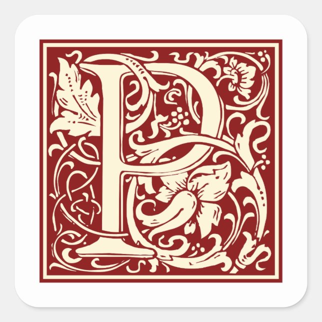 William Morris Letter P Monogram Initial Red Square Sticker (Front)