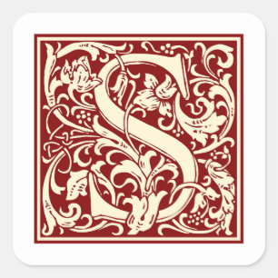 William Morris Letter S Monogram Initial Red Square Sticker