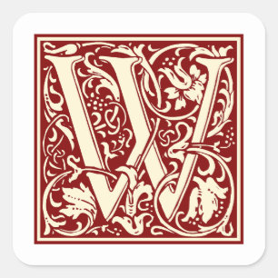 William Morris Letter W Monogram Initial Red Square Sticker