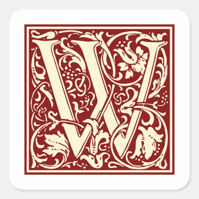 William Morris Letter W Monogram Initial Red Square Sticker (Front)