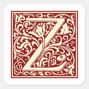 William Morris Letter Z Monogram Initial Red Square Sticker