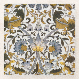 William Morris Lodden Floral Pattern: Blue Gold  Glass Coaster