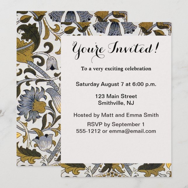 William Morris Lodden Floral Pattern: Blue Gold  Invitation (Front/Back)