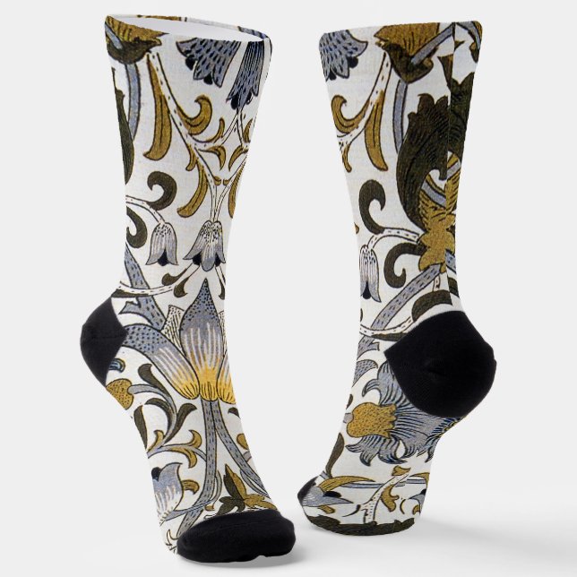 William Morris Lodden Floral Pattern: Blue Gold  Socks (Angled)
