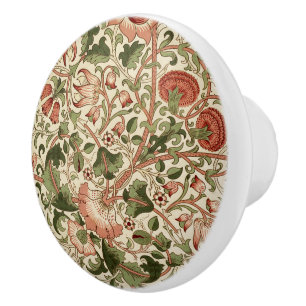 William Morris Lodden Flowers Foliage Green Pink   Ceramic Knob