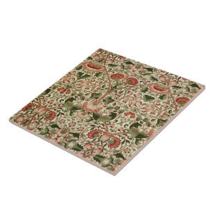 William Morris Lodden Flowers Foliage Green Pink   Ceramic Tile