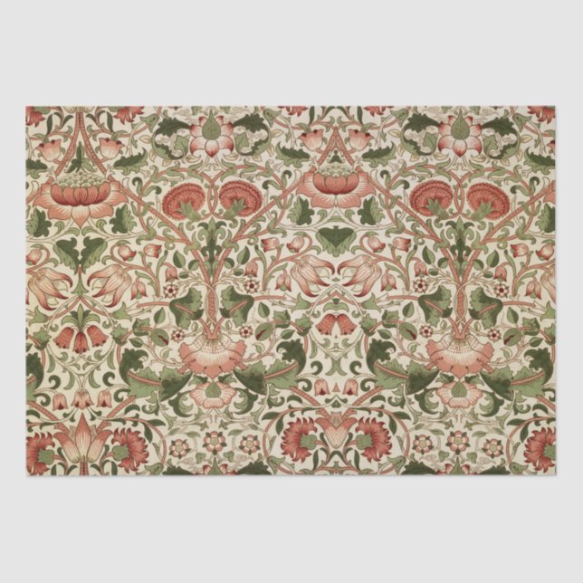 William Morris Lodden Flowers Foliage Green Pink   Tissue Paper (Front)