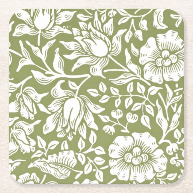 William Morris Mallow Green Pattern Square Paper Coaster (Front)