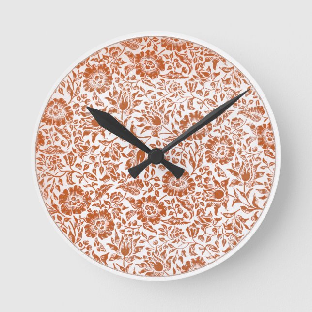 William Morris Mallow Pattern: Terracotta Floral Round Clock (Front)
