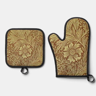 William Morris Marigold Antique Flower Pattern Oven Mitt & Pot Holder Set