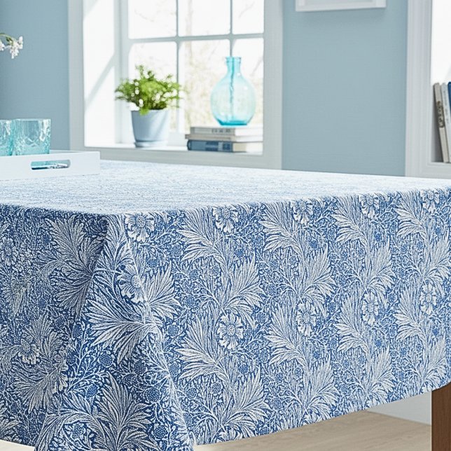 William Morris Marigold Blue Floral Tablecloth (elegant vintage blue and white William Morris floral tablecloth with "Marigold" pattern)