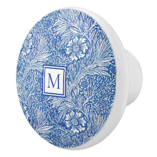William Morris Marigold Blue Monogram Ceramic Knob