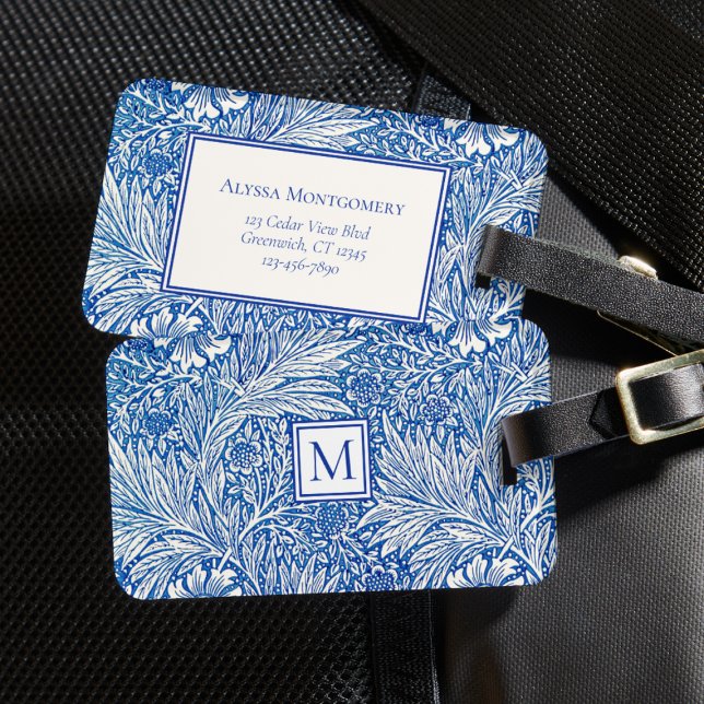 William Morris Marigold Blue Monogram Luggage Tag (elegant vintage William Morris luggage tag floral Marigold pattern blue white monogram initial)