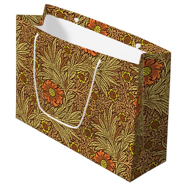 William Morris Marigold, Copper Brown and Orange Large Gift Bag (Front Angled)