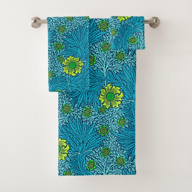 William Morris Marigold, Turquoise & Cobalt Blue Bath Towel Set (Insitu)