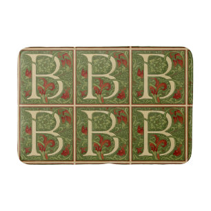William Morris Monogram Letter B Floral Red Green Bath Mat
