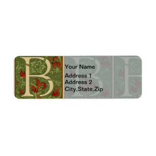 William Morris Monogram Letter B Floral Red Green Return Address Label