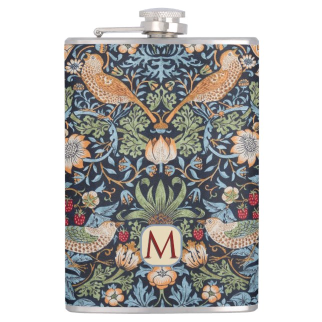 William Morris Monogram Strawberry Thief  Hip Flask (Front)