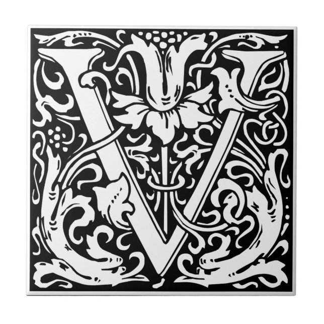 William Morris Monogrammed Letter V Ceramic Tile (Front)