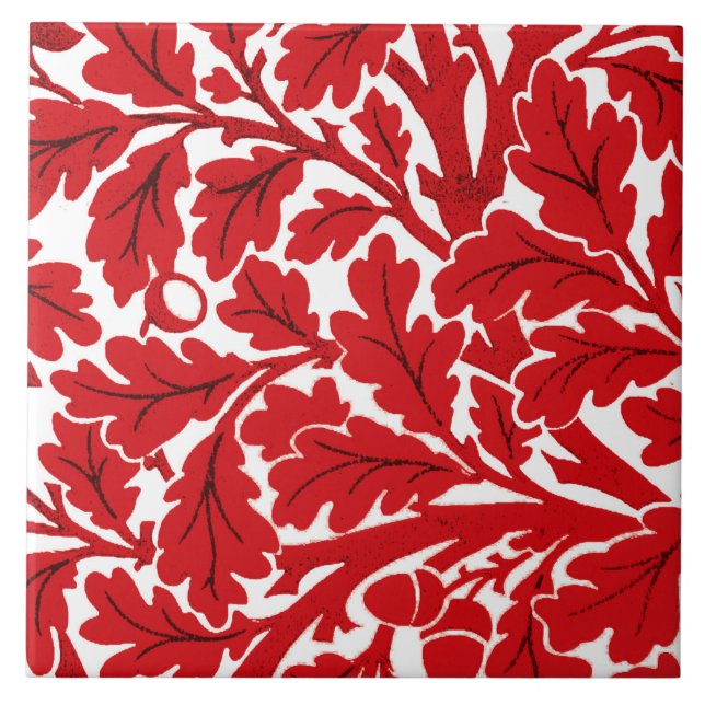 William Morris Oak Leaves, Deep Red and White  Ceramic Tile (Front)