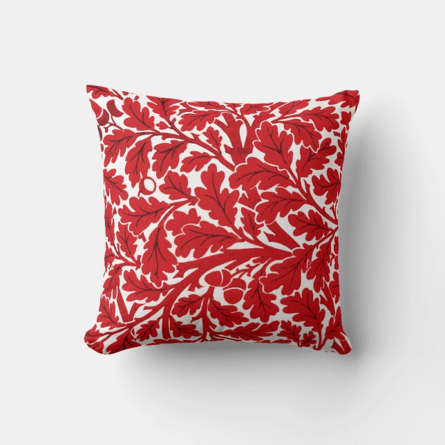William Morris Oak Leaves, Deep Red and White Cushion (Front)