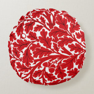 William Morris Oak Leaves, Deep Red and White Round Cushion