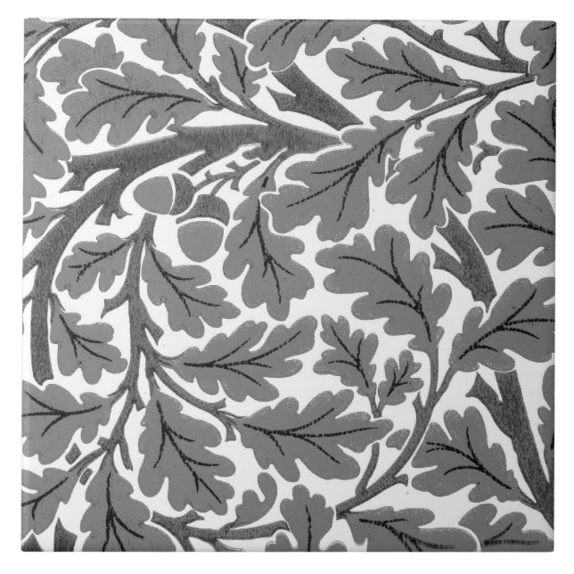 William Morris Oak Leaves, Gray / Grey and White Ceramic Tile (Front)