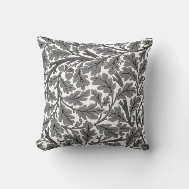 William Morris Oak Leaves, Grey / Grey and White Cushion (Front)