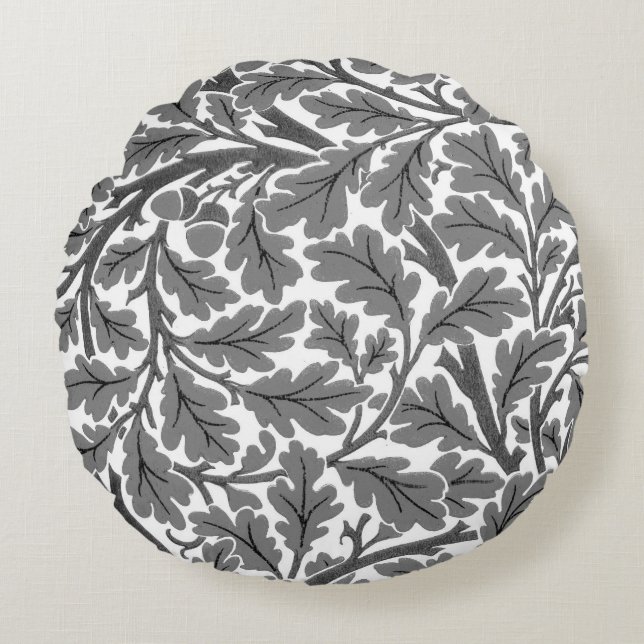 William Morris Oak Leaves, Grey / Grey and White Round Cushion (Front)