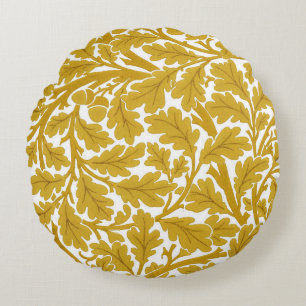 William Morris Oak Leaves, Mustard Yellow & White Round Cushion