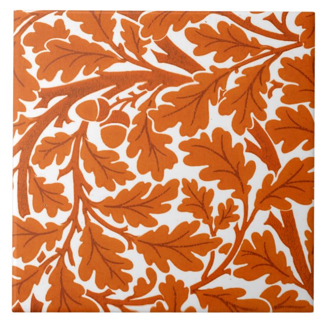 William Morris Oak Leaves, Rust Orange & White Ceramic Tile (Front)