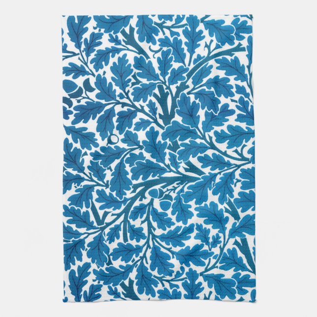 William Morris Oak Leaves, Sapphire Blue and White Tea Towel (Vertical)