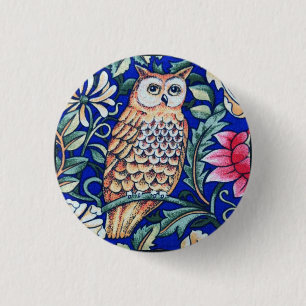 William Morris Owl Tapestry, Beige and Cobalt Blue 3 Cm Round Badge